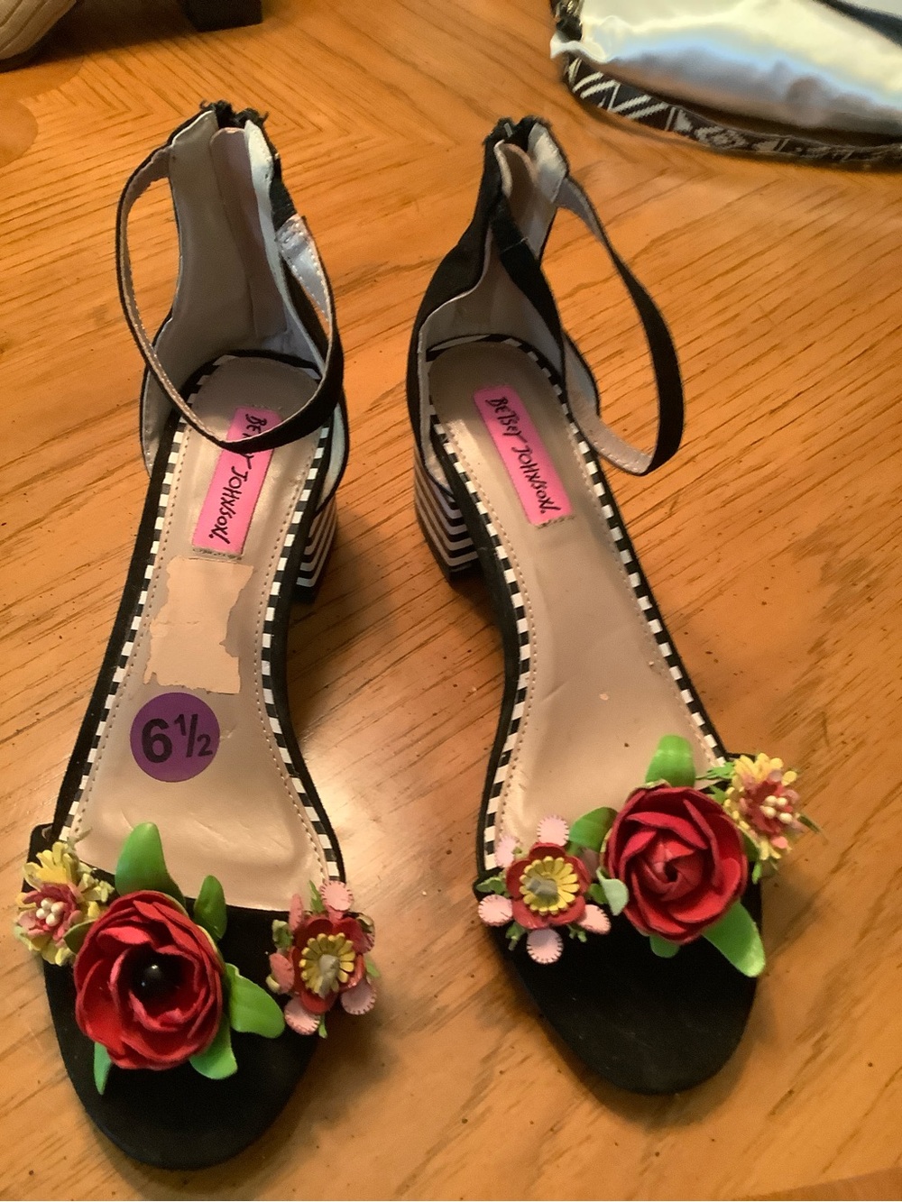 Betsey Johnson Black Open-Toe Heels with Red Floral Appliqués